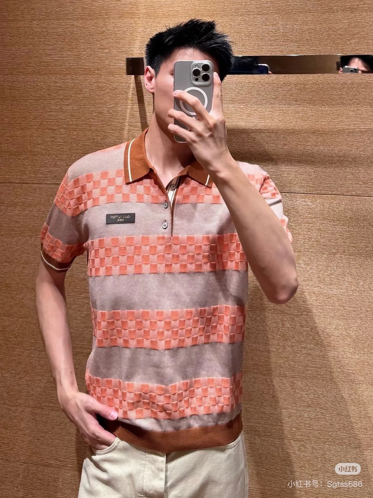Louis Vuitton/Louis Vuitton 26ss leather striped checkerboard knitted Polo short sleeves